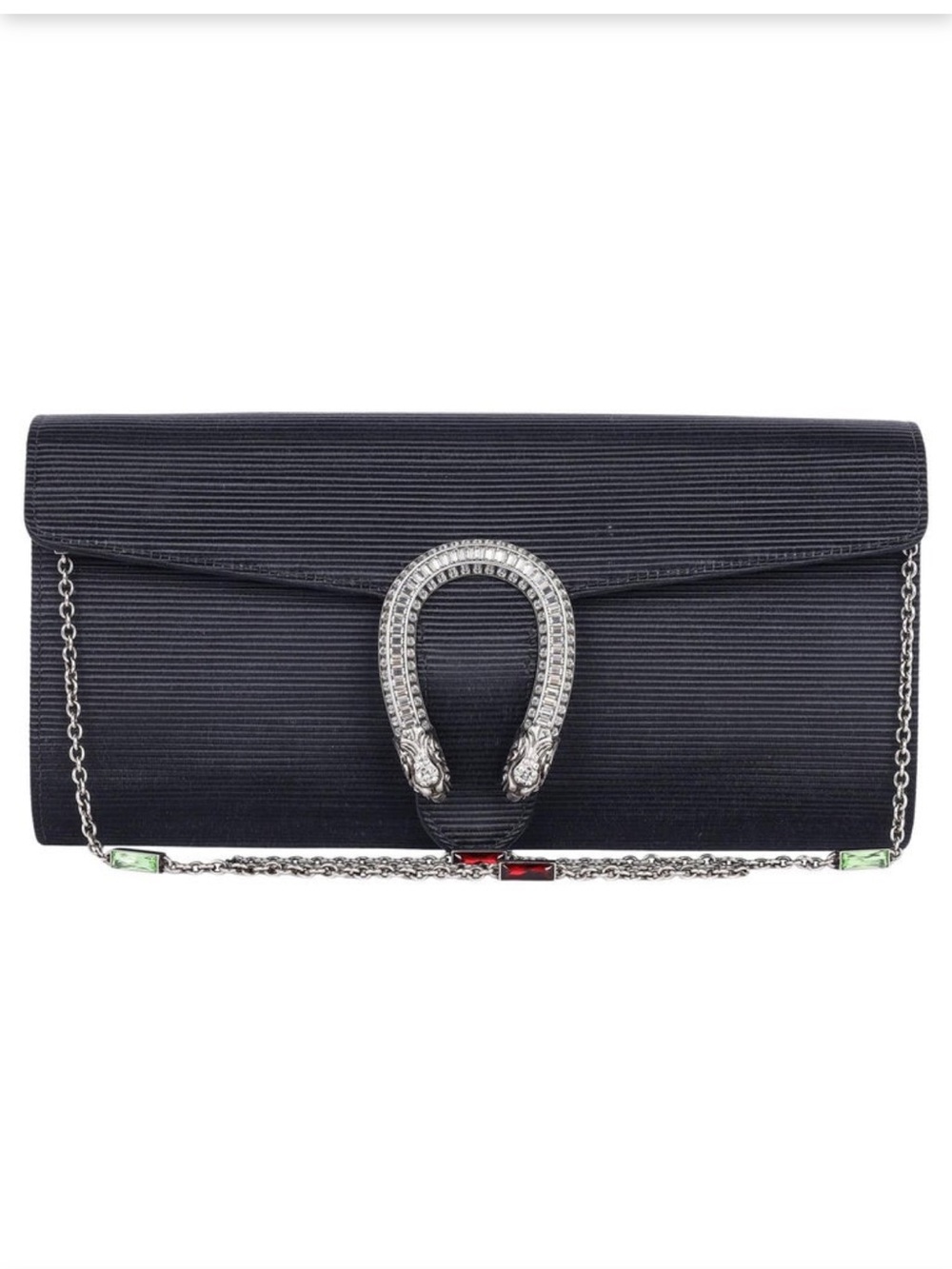 Gucci Dionysus Crystal Buckle Satin Ribbed Cluch with chain